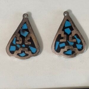 Vintage Mexican Sterling Silver Turquoise Inlay Dangle Earrings‎ .925